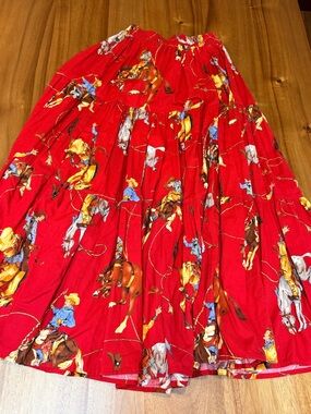 Vintage K.W.B.L Western Rodeo Cowboy Tiered Long Bucking Horse Skirt Red Sz S US
